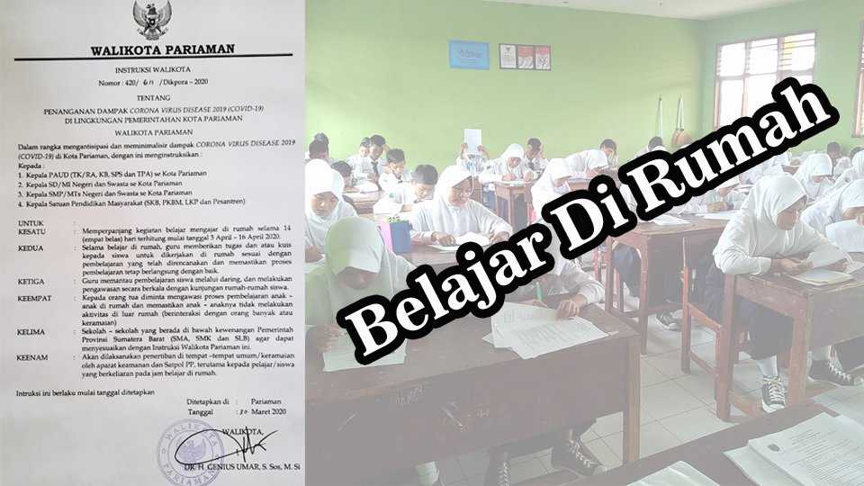 Pemko Pariaman perpanjang belajar di rumah selama 14 Hari, sampai tanggal 16 April 2020